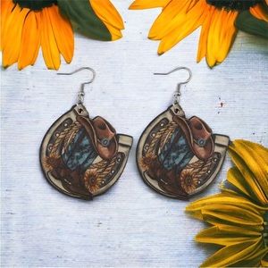 Western style‎ wooden with sunflower shape pattern drop hook earrings